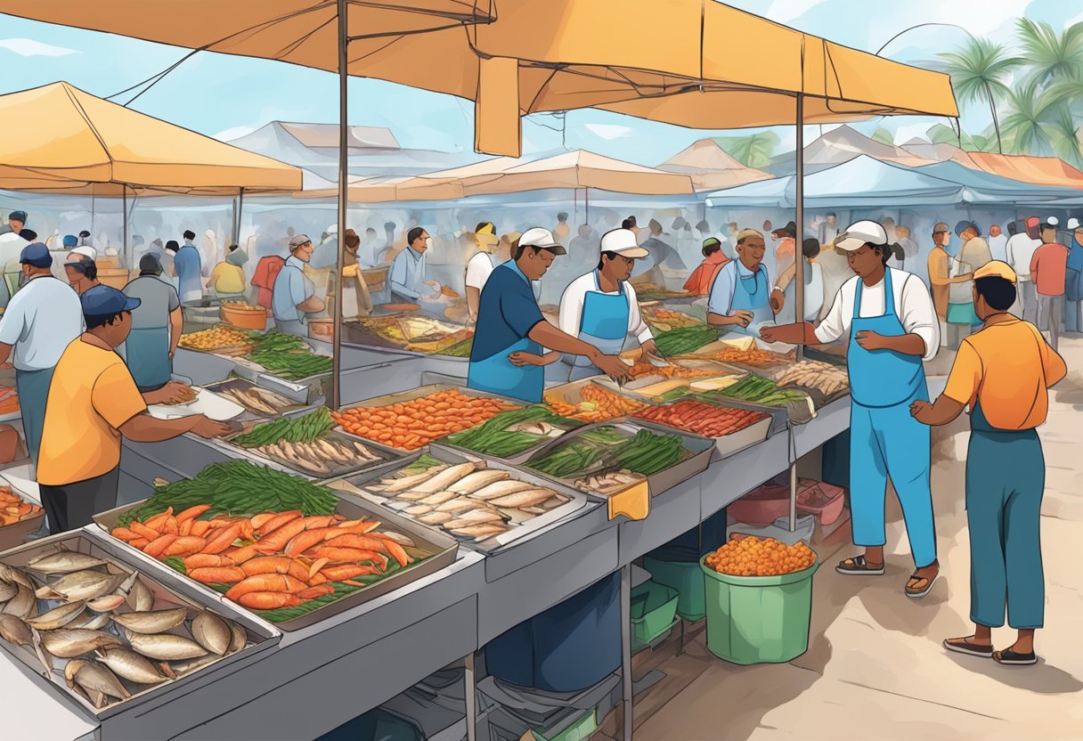 A bustling seafood market with colorful stalls and fresh catches on display, surrounded by eager customers and the sound of sizzling grills