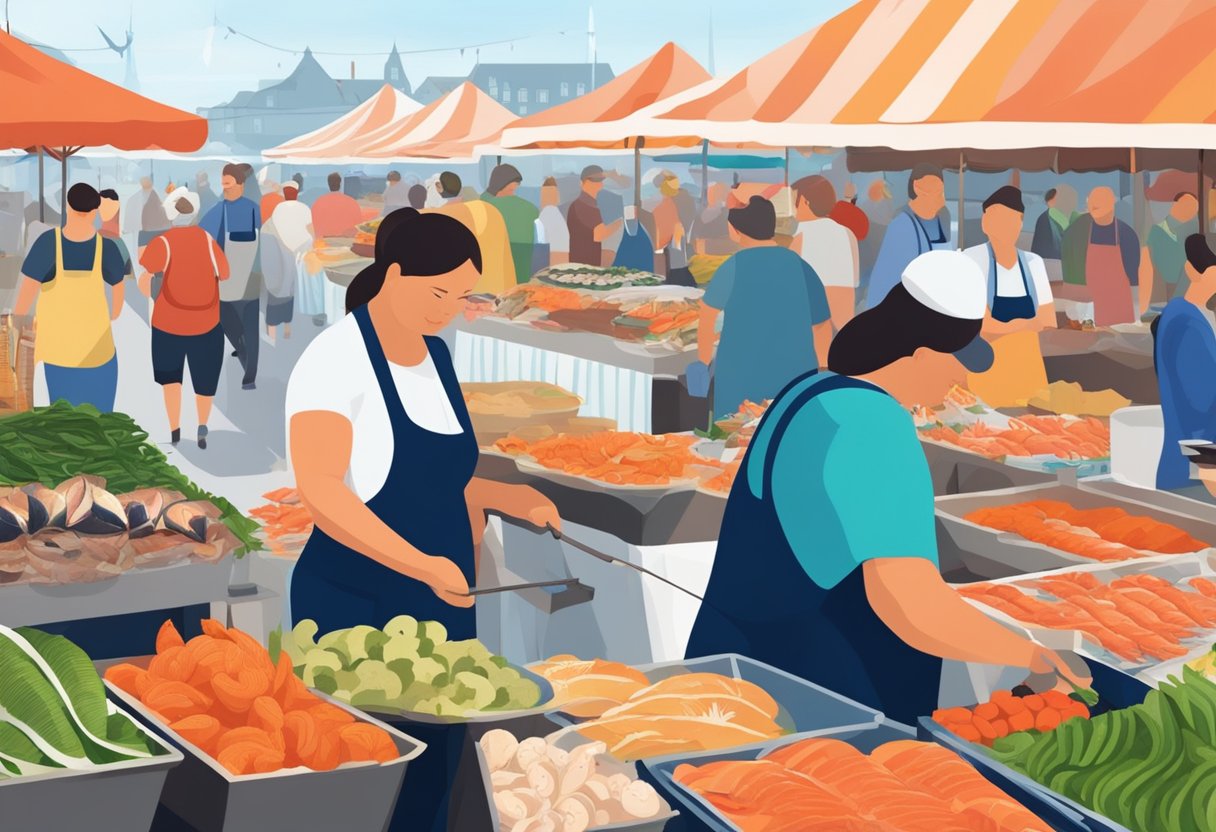 Vibrant seafood market in Copenhagen, bustling with colorful stalls and fresh catches from the sea. Aromas of grilled fish and shellfish fill the air