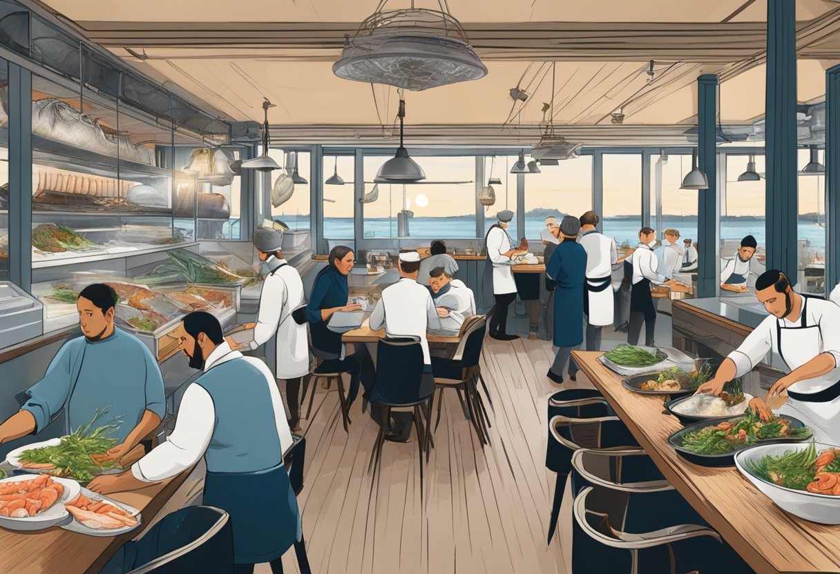 A bustling seafood restaurant in Copenhagen, with fresh catches displayed on ice, chefs busy in the open kitchen, and diners enjoying their meals