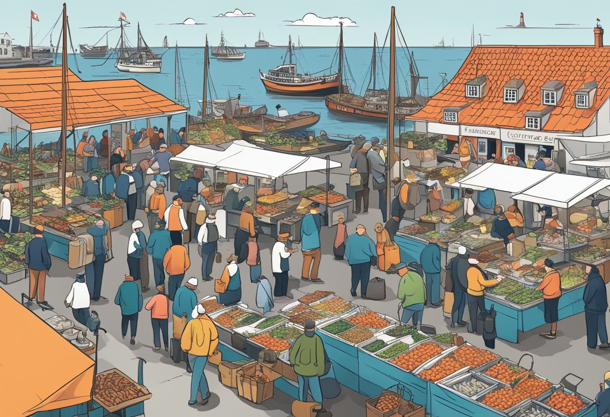 A bustling seafood market in Copenhagen, with vendors showcasing their fresh catches and customers browsing for the best seafood