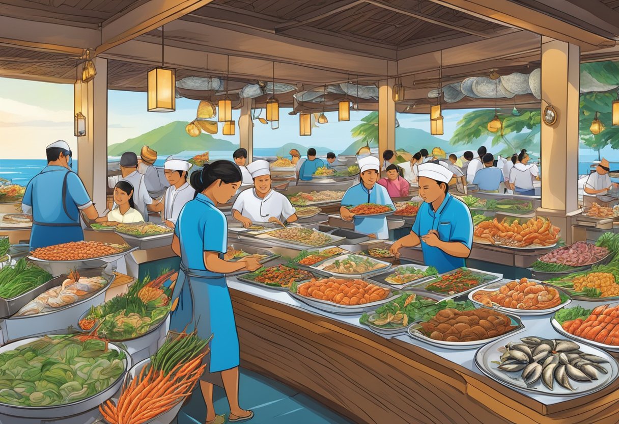 A bustling seafood buffet in Phuket, with colorful displays of fresh seafood, bustling chefs, and eager diners sampling the array of dishes