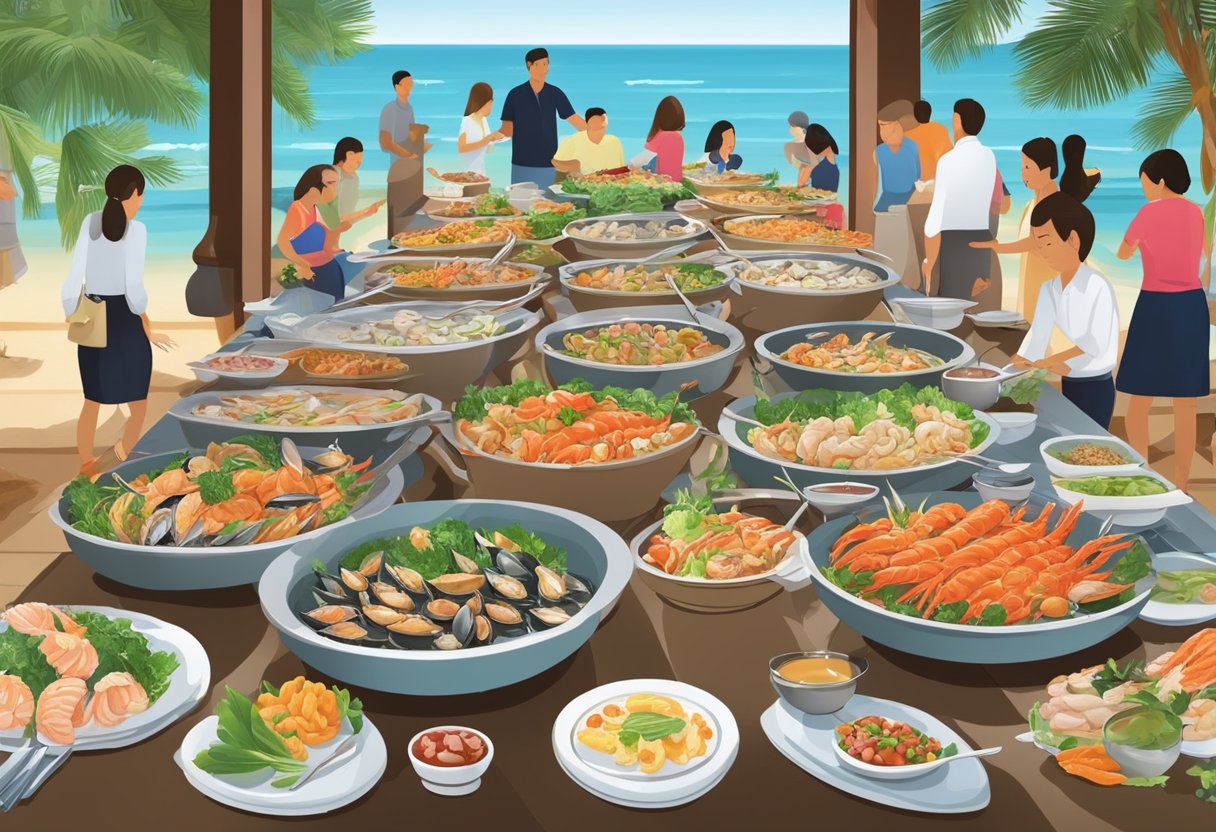 A bustling seafood buffet in Phuket, with a variety of fresh and delicious dishes laid out on a long table, surrounded by eager and hungry customers
