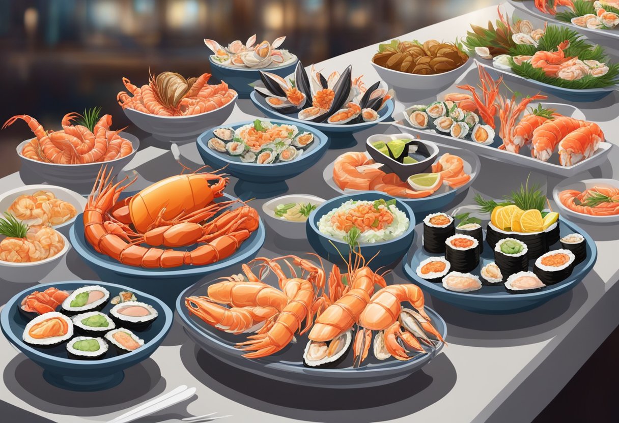 A lavish seafood spread displayed on a long buffet table with a variety of fresh seafood, including oysters, prawns, lobster, and sushi