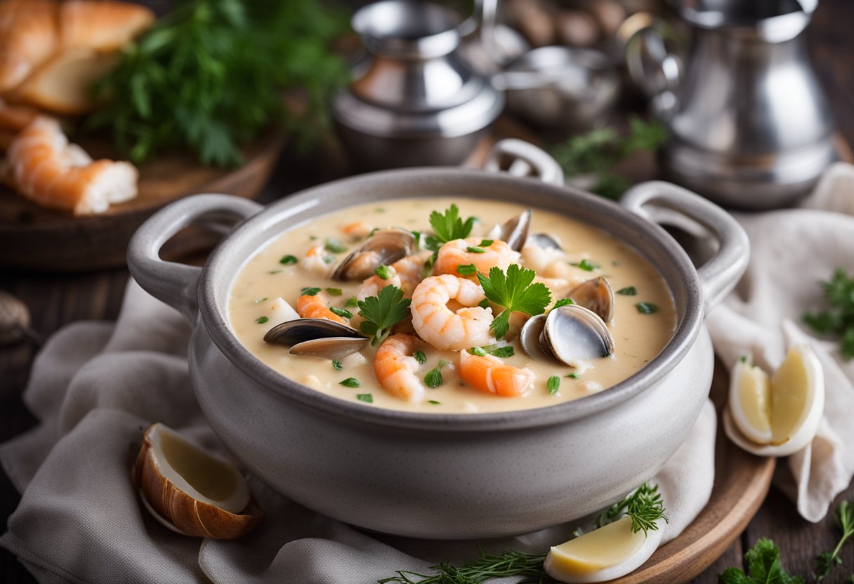 A steaming pot of rich, creamy seafood chowder with chunks of fresh fish, prawns, and clams, garnished with a sprinkle of chopped herbs and served in a rustic bowl