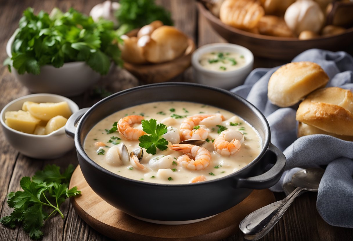 A steaming pot of creamy seafood chowder sits on a rustic wooden table, surrounded by fresh ingredients like clams, shrimp, and potatoes. A sprinkle of parsley adds a pop of color to the rich, savory dish