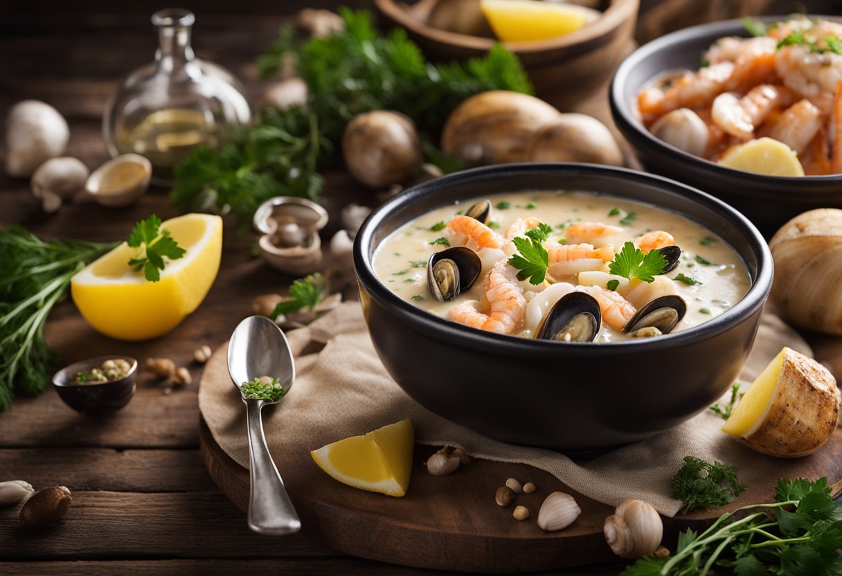 A steaming bowl of seafood chowder sits on a rustic wooden table, surrounded by fresh ingredients like clams, shrimp, and potatoes. A glass of crisp white wine complements the dish