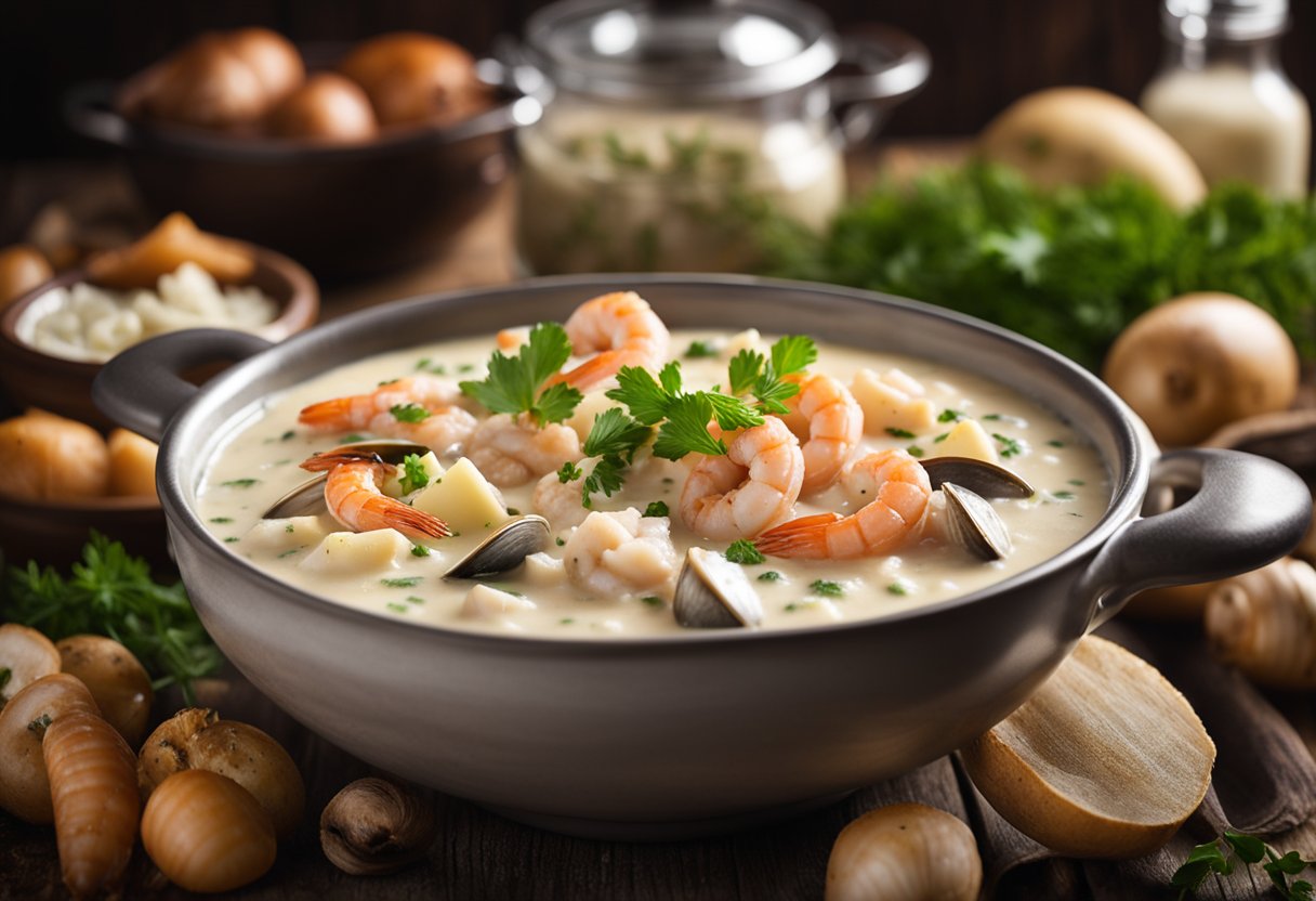 A steaming pot of creamy seafood chowder sits on a rustic wooden table, surrounded by fresh ingredients like shrimp, clams, and potatoes. The aroma of savory herbs and spices fills the air