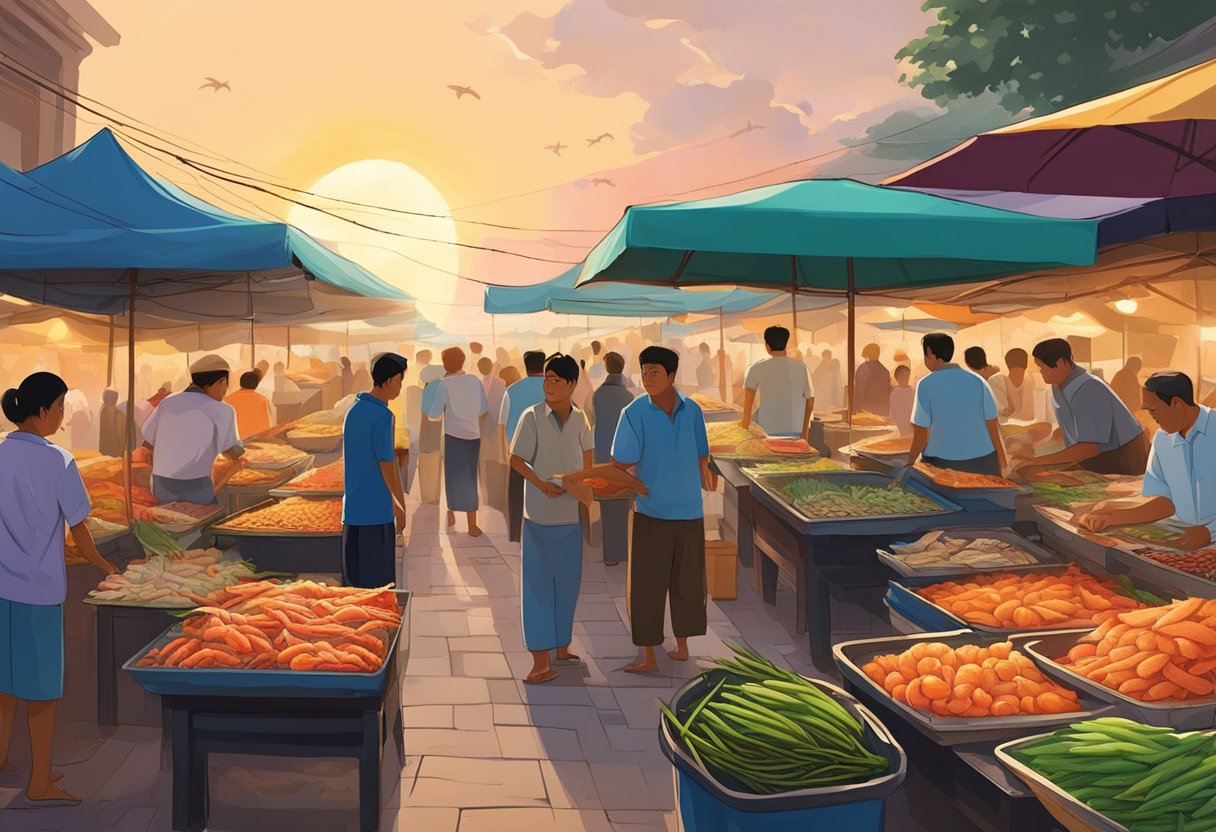 A bustling seafood market in Phnom Penh, with colorful stalls overflowing with fresh fish, crabs, and prawns. The air is filled with the aroma of sizzling seafood and the sound of sizzling grills