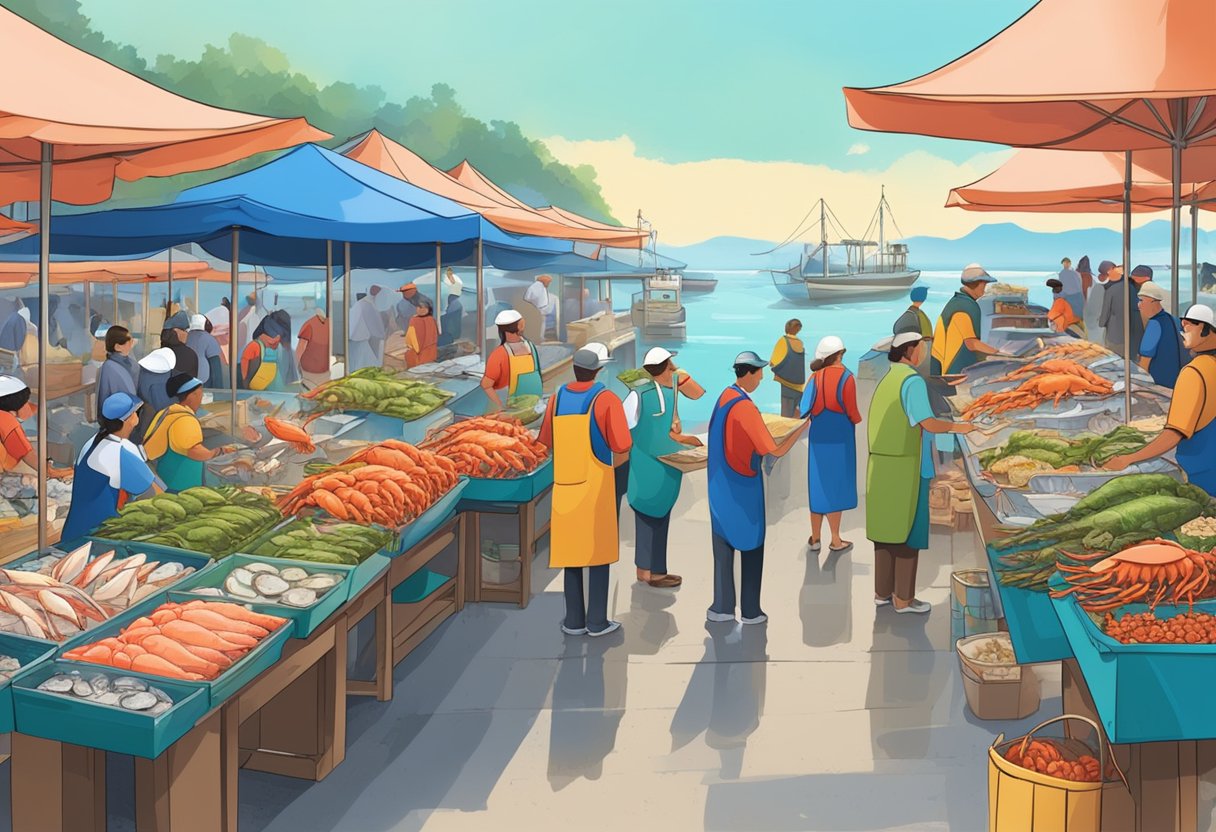 A bustling seafood market with colorful displays of fresh fish, crab, and lobster. Customers eagerly sample oysters and prawns at outdoor stalls