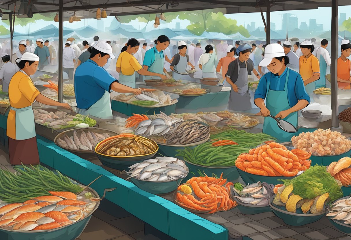 A bustling seafood market in Yangon, with colorful displays of fresh fish, crabs, and shellfish. Chefs expertly prepare dishes in open-air kitchens