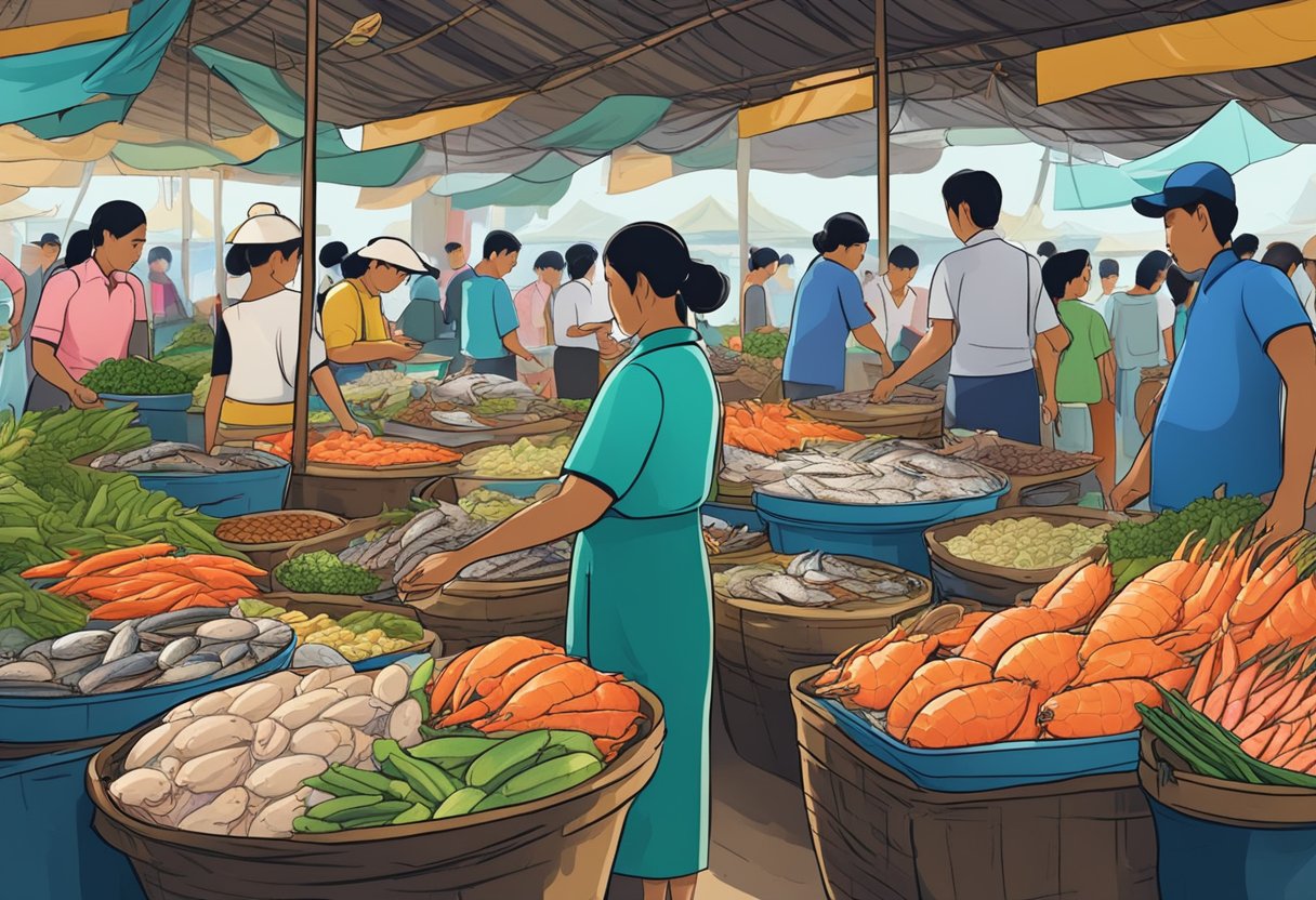 A bustling seafood market in Yangon, with colorful stalls and vendors offering a variety of fresh seafood. Customers eagerly inquire about the best catches of the day