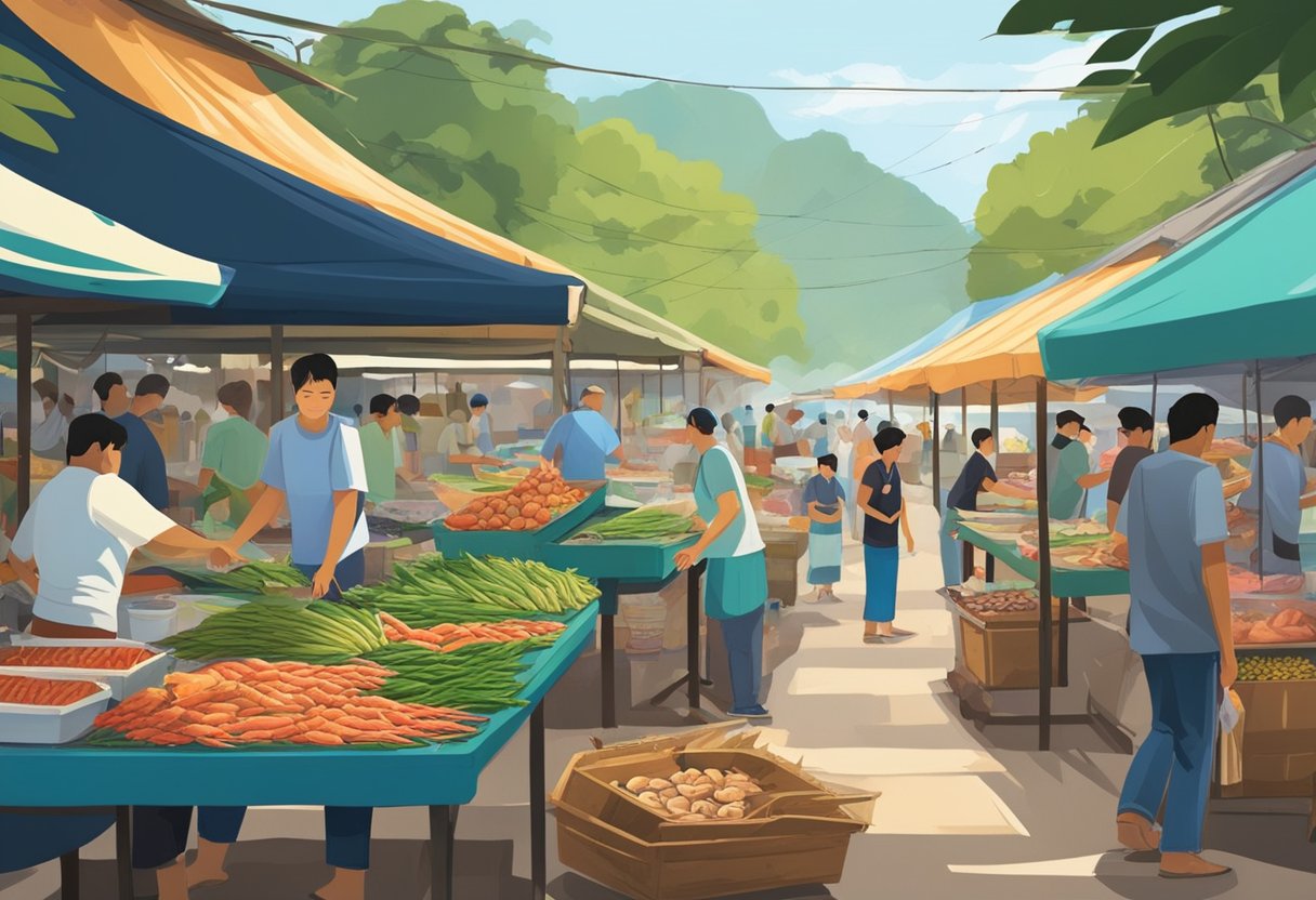 A bustling seafood market in Krabi, with colorful stalls overflowing with fresh catches from the sea. The air is filled with the aroma of sizzling grills and the sound of vendors calling out their specialties
