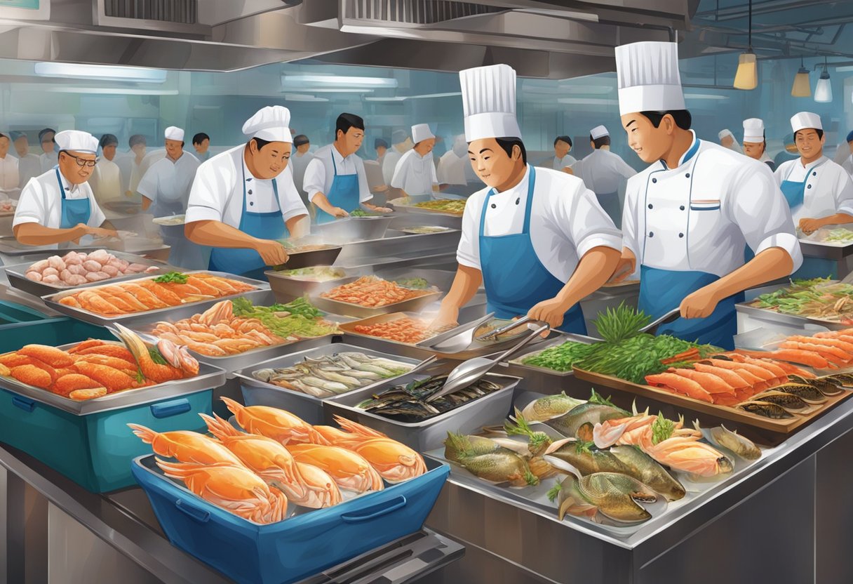 A bustling Singapore seafood market, with colorful displays of fresh fish, crabs, and shellfish. A chef expertly prepares sizzling seafood dishes in a lively kitchen