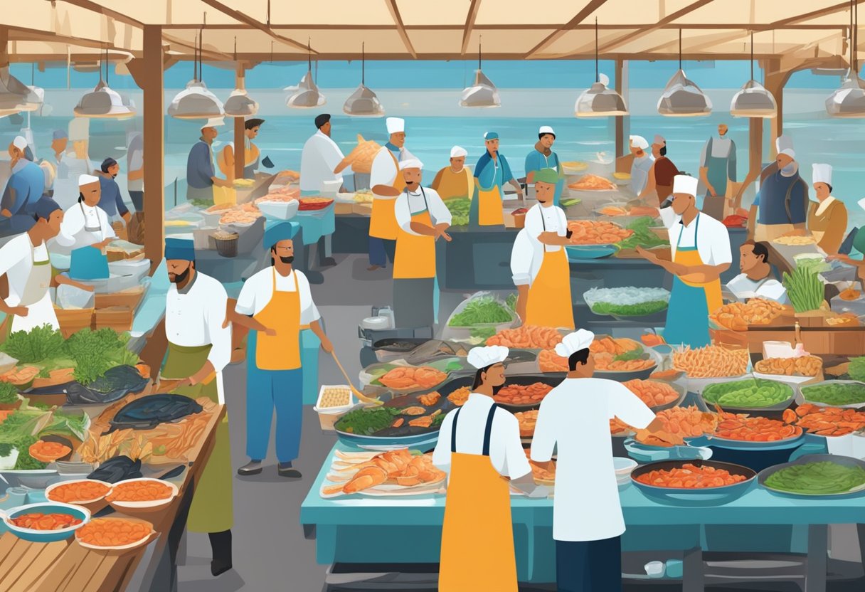 A bustling seafood market with colorful stalls, fresh catches on ice, and chefs preparing dishes in an open-air kitchen
