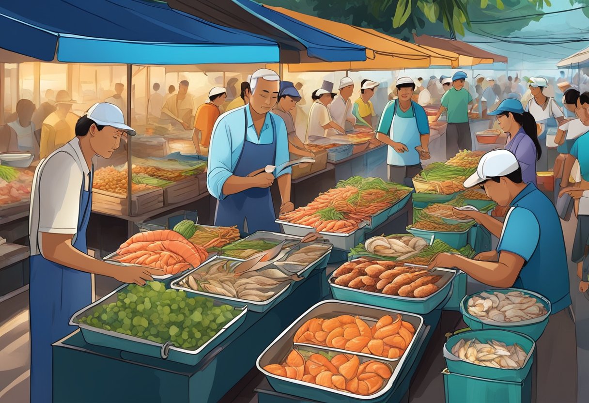 A bustling seafood market in Krabi, Singapore, with vendors and customers engaged in lively conversations and transactions. The air is filled with the aroma of fresh seafood and the sound of sizzling grills