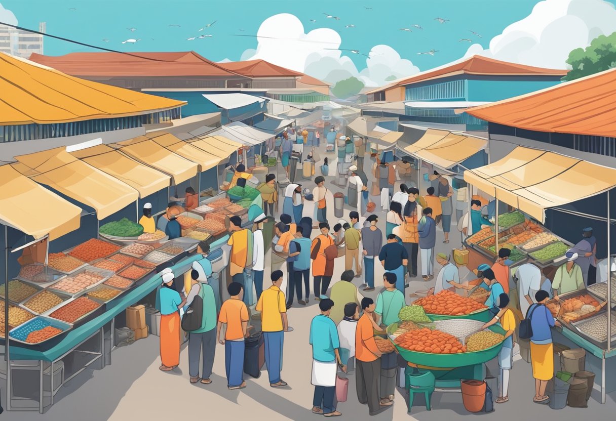 A bustling seafood market in Klang, with colorful stalls and fresh catches on display. A crowd of customers and vendors haggling and chatting