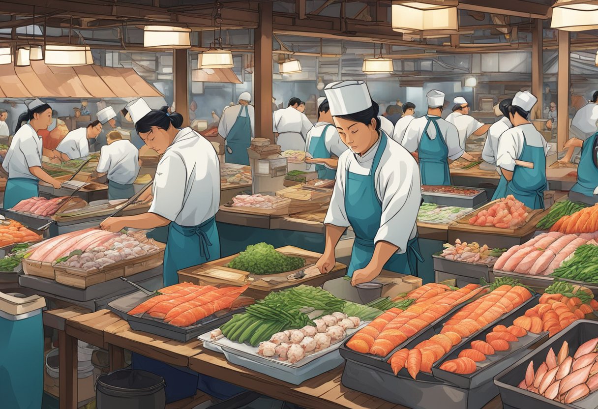 A bustling Japanese seafood market with fresh fish, colorful sushi, and lively chefs