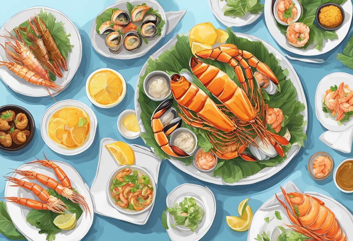 The restaurant's menu features a variety of fresh seafood dishes, including grilled fish, succulent prawns, and flavorful crab legs. The dishes are beautifully presented with vibrant garnishes and served on elegant platters