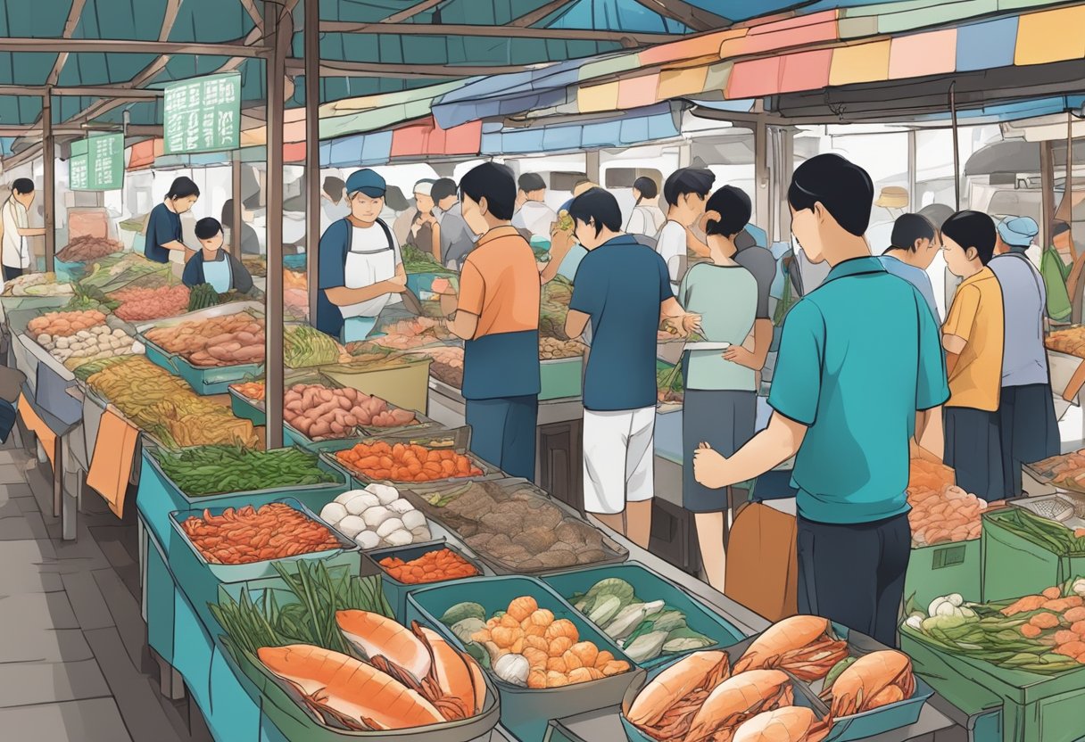 A bustling seafood market in Japan or Singapore with colorful stalls and vendors answering frequently asked questions from customers