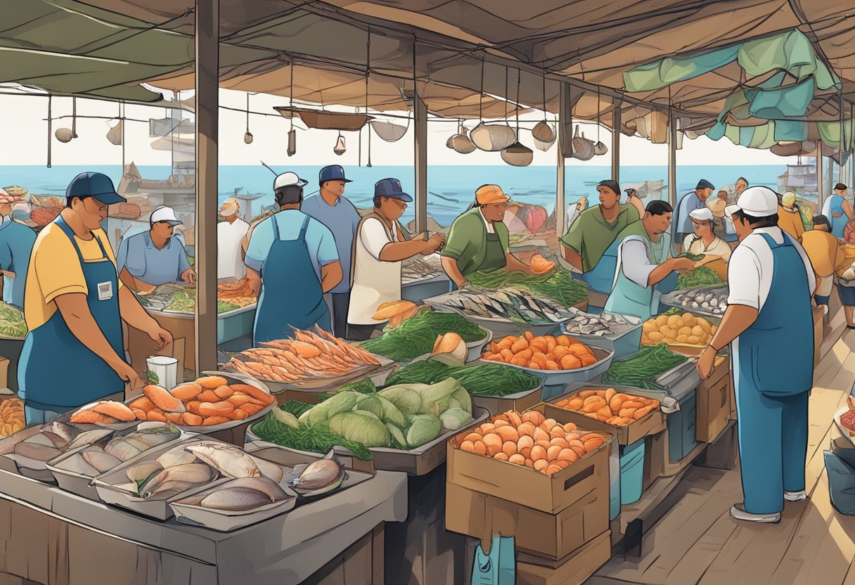 A bustling seafood market with vendors and customers interacting, showcasing fresh catches and seafood dishes