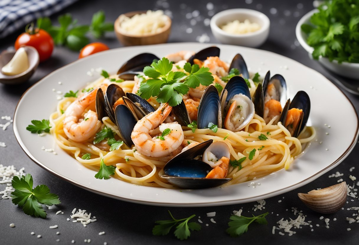 A steaming plate of seafood linguine with clams, mussels, shrimp, and a rich tomato-based sauce, topped with fresh parsley and grated parmesan