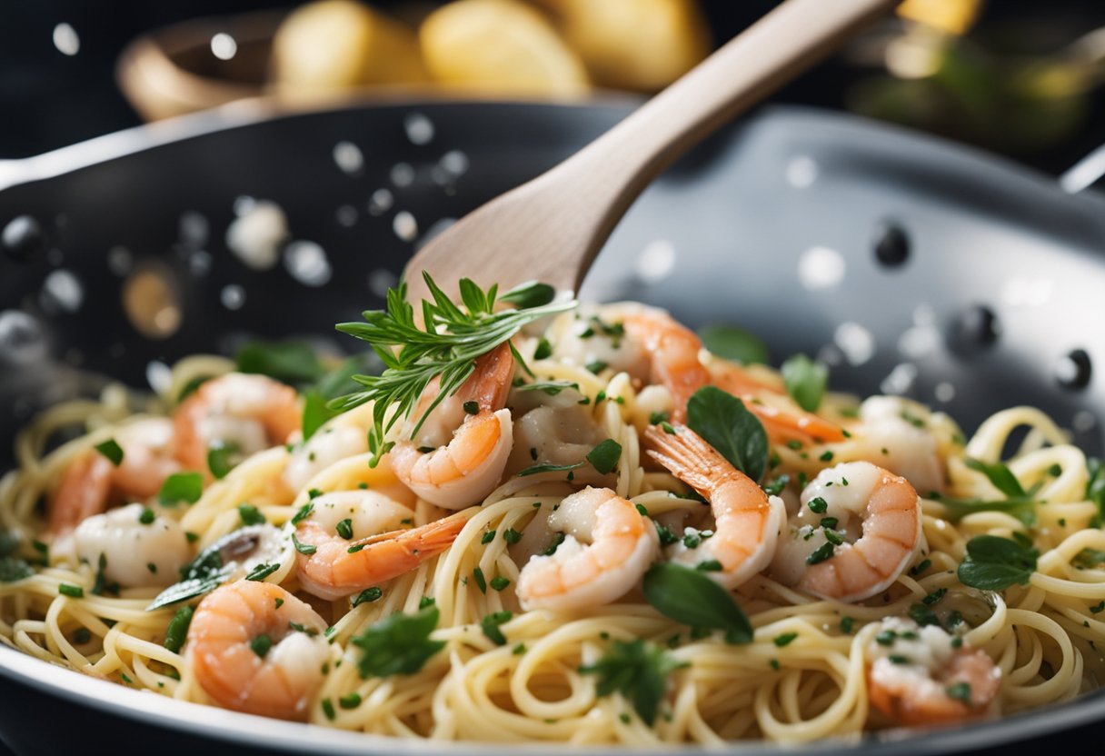 Fresh seafood being sautéed in garlic and olive oil, then tossed with al dente linguine and finished with a sprinkle of fresh herbs