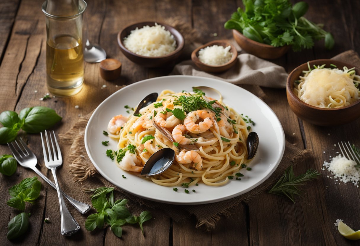 A steaming plate of seafood linguine sits on a rustic wooden table, garnished with fresh herbs and a sprinkle of parmesan cheese
