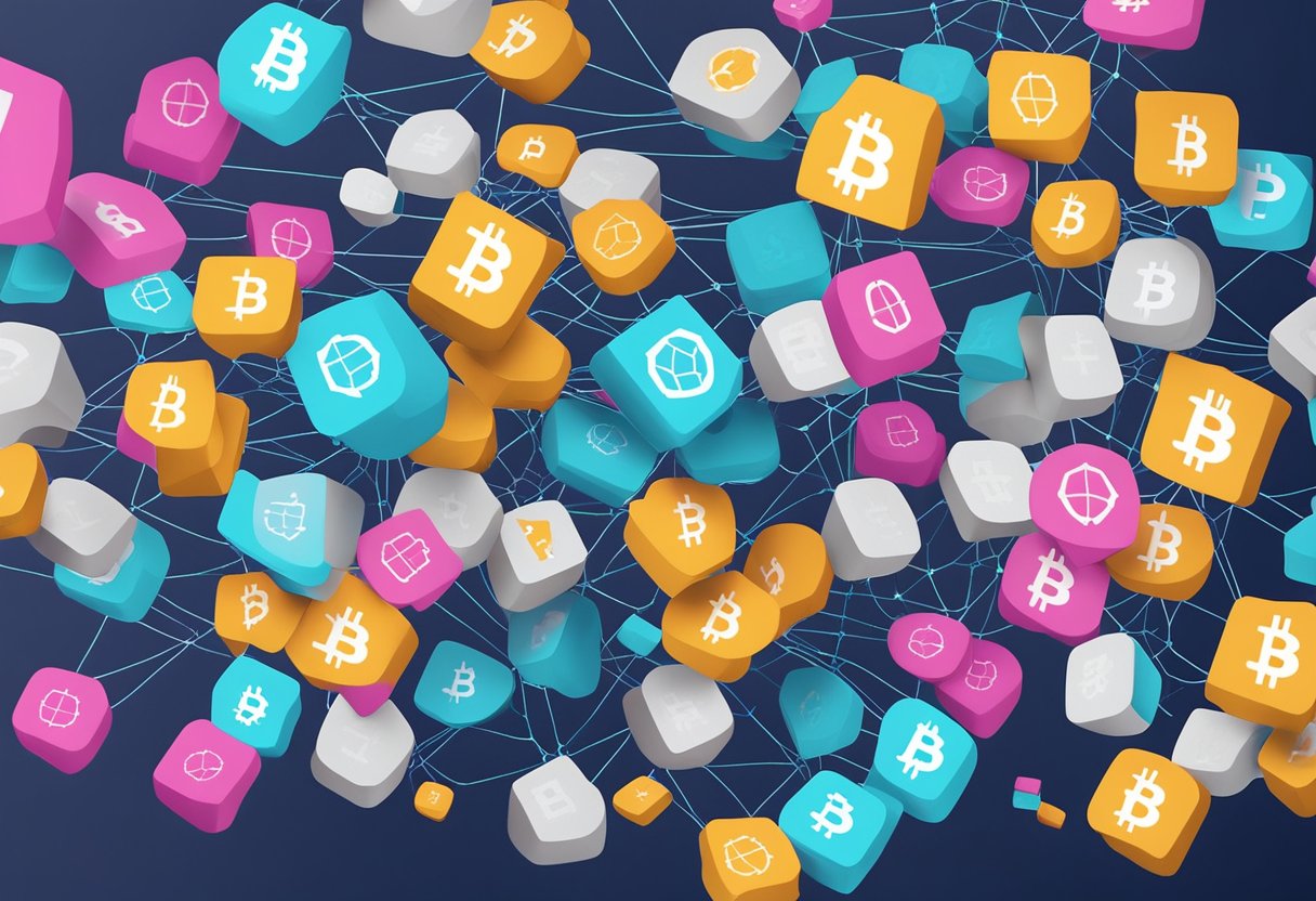 A network of interconnected blocks, each containing encrypted data, symbolizing the future of blockchain technology and the best cryptocurrencies of 2023