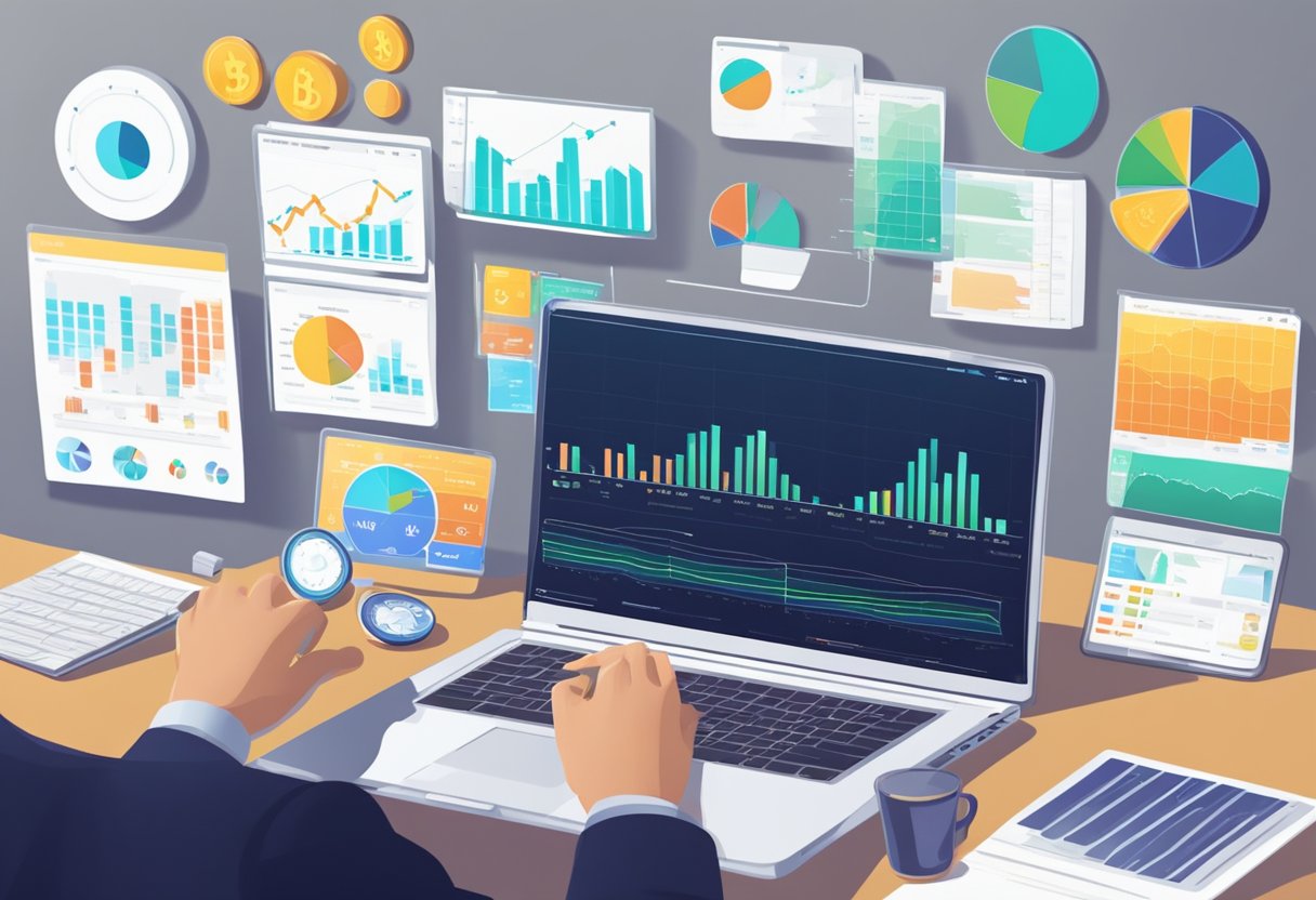 A table with a laptop, charts, and graphs. Cryptocurrency logos and names displayed. A person analyzing and comparing data