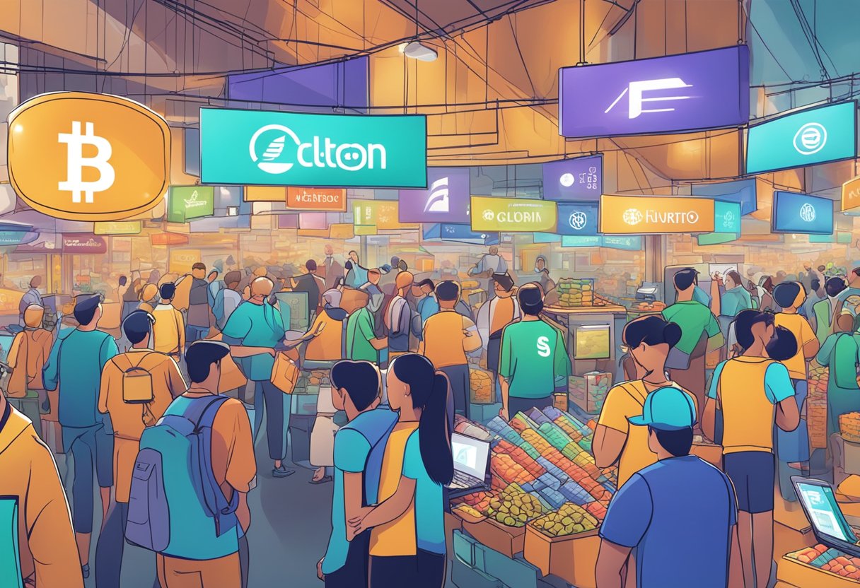 A bustling market with various altcoin logos displayed, people exchanging money, and charts showing price fluctuations