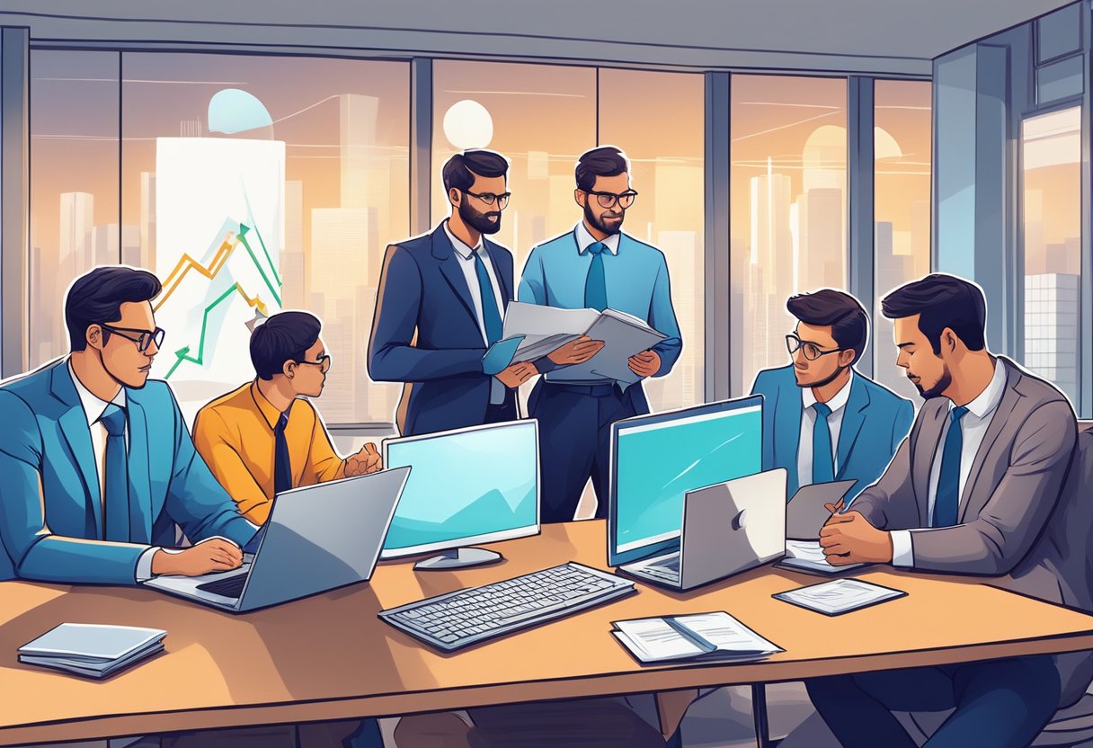A group of financial analysts studying charts and graphs, discussing long-term crypto investments and market capitalization