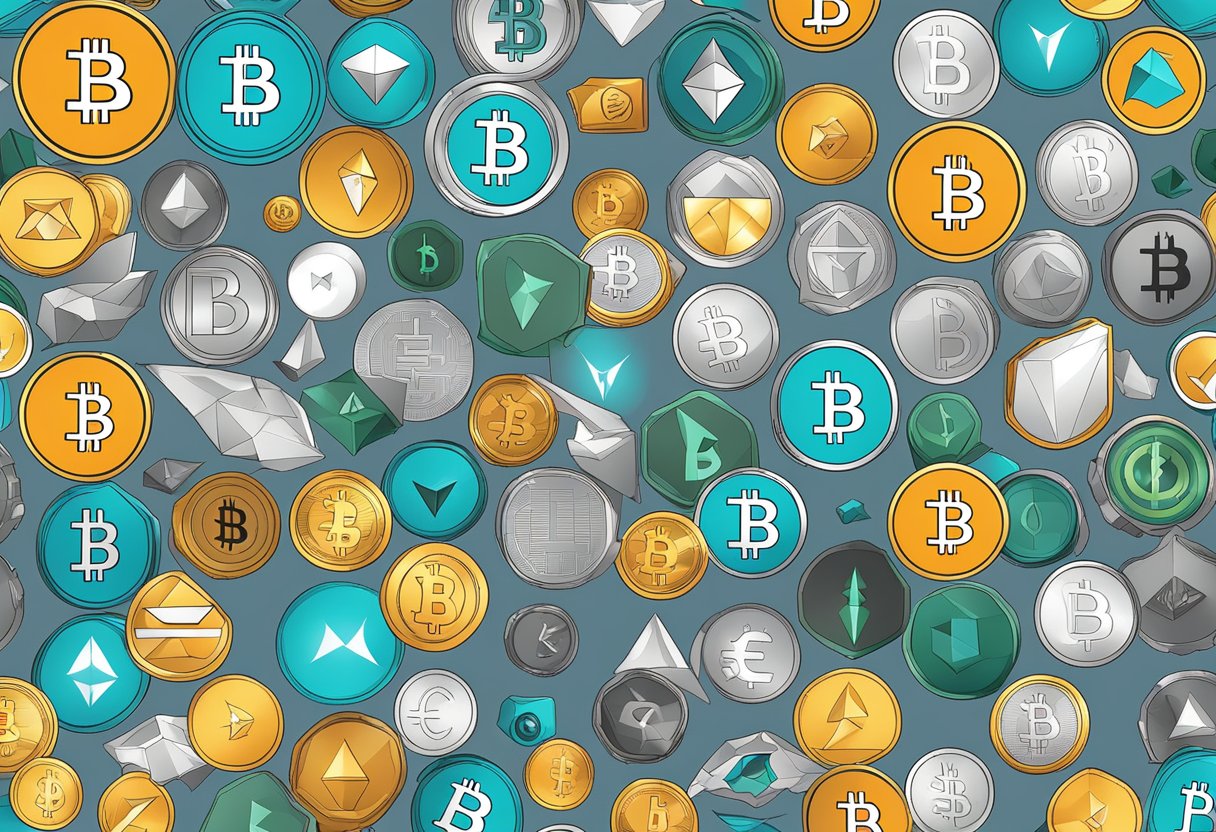 A diverse mix of cryptocurrency symbols arranged in a balanced portfolio, representing the fundamentals of cryptocurrency and its role in diversification