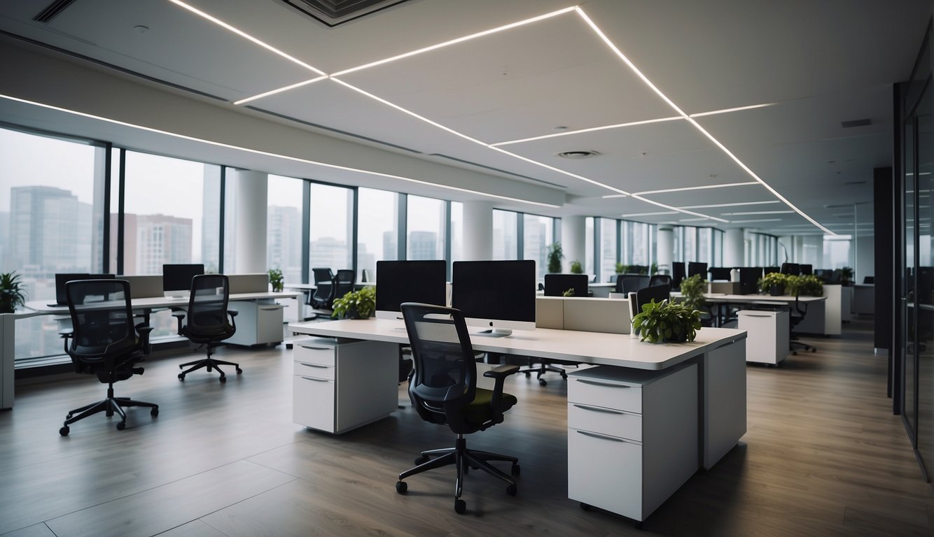 A modern office with sleek, tech-integrated furniture. Smart desks, ergonomic chairs, and interactive whiteboards create a futuristic workspace