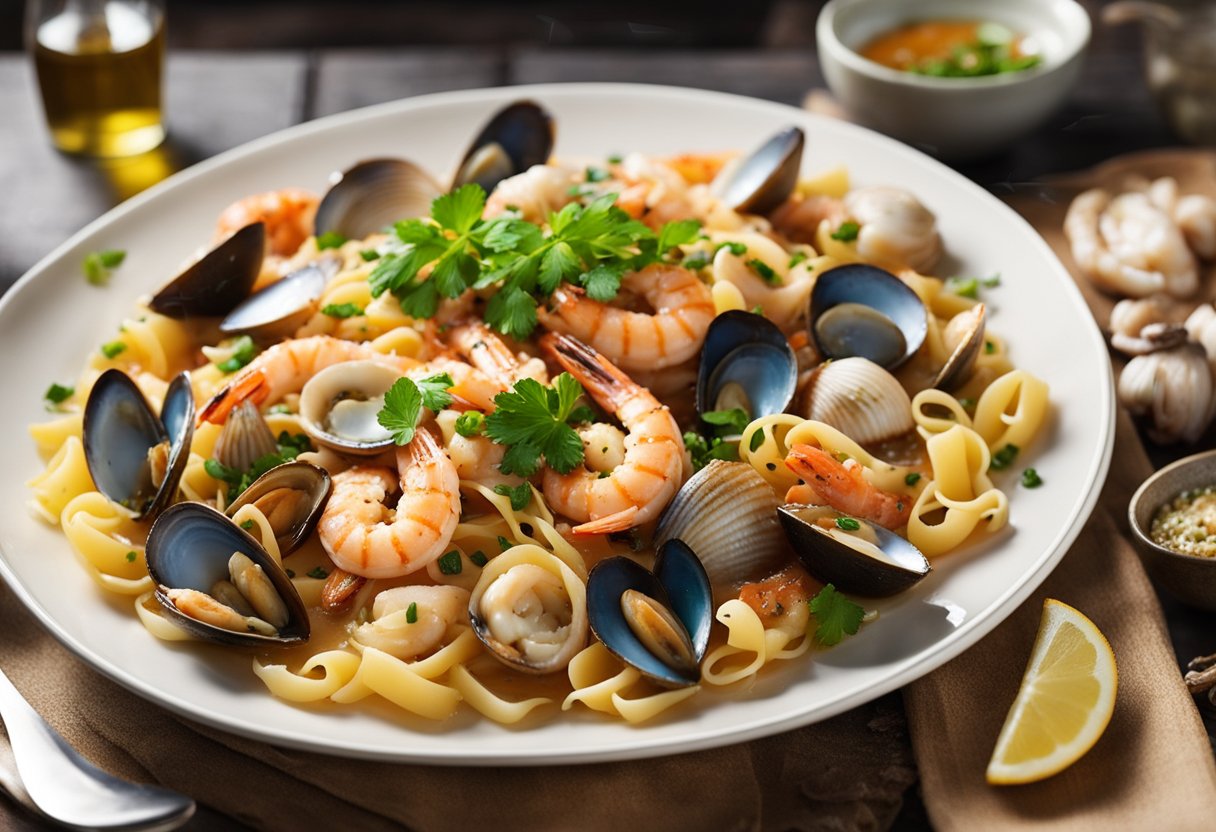 A steaming plate of seafood pasta with fresh clams, prawns, and squid in a rich tomato and herb sauce, garnished with a sprinkle of parsley and a drizzle of olive oil