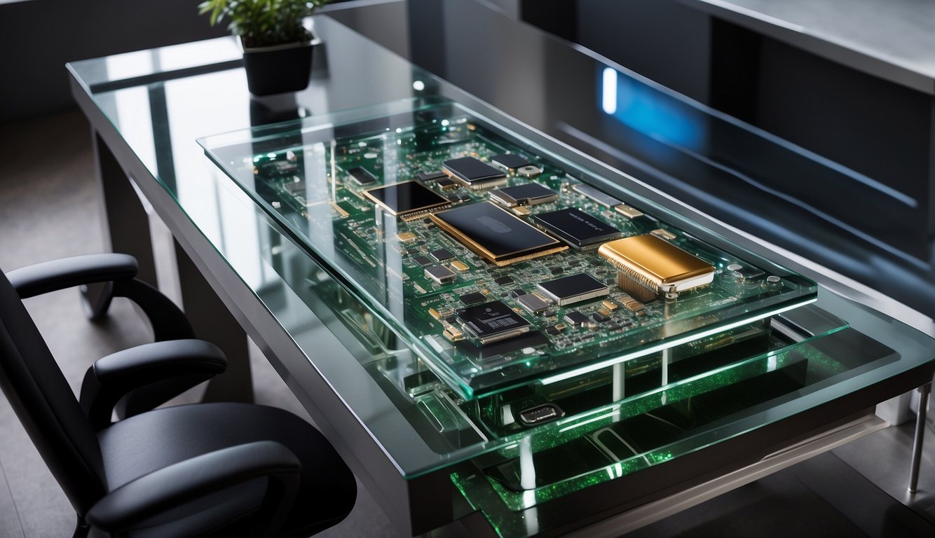 A sleek, modern office desk with built-in wireless charging pads, integrated USB ports, and hidden cable management. A transparent glass tabletop reveals the intricate circuitry beneath, showcasing the seamless integration of technology into furniture design