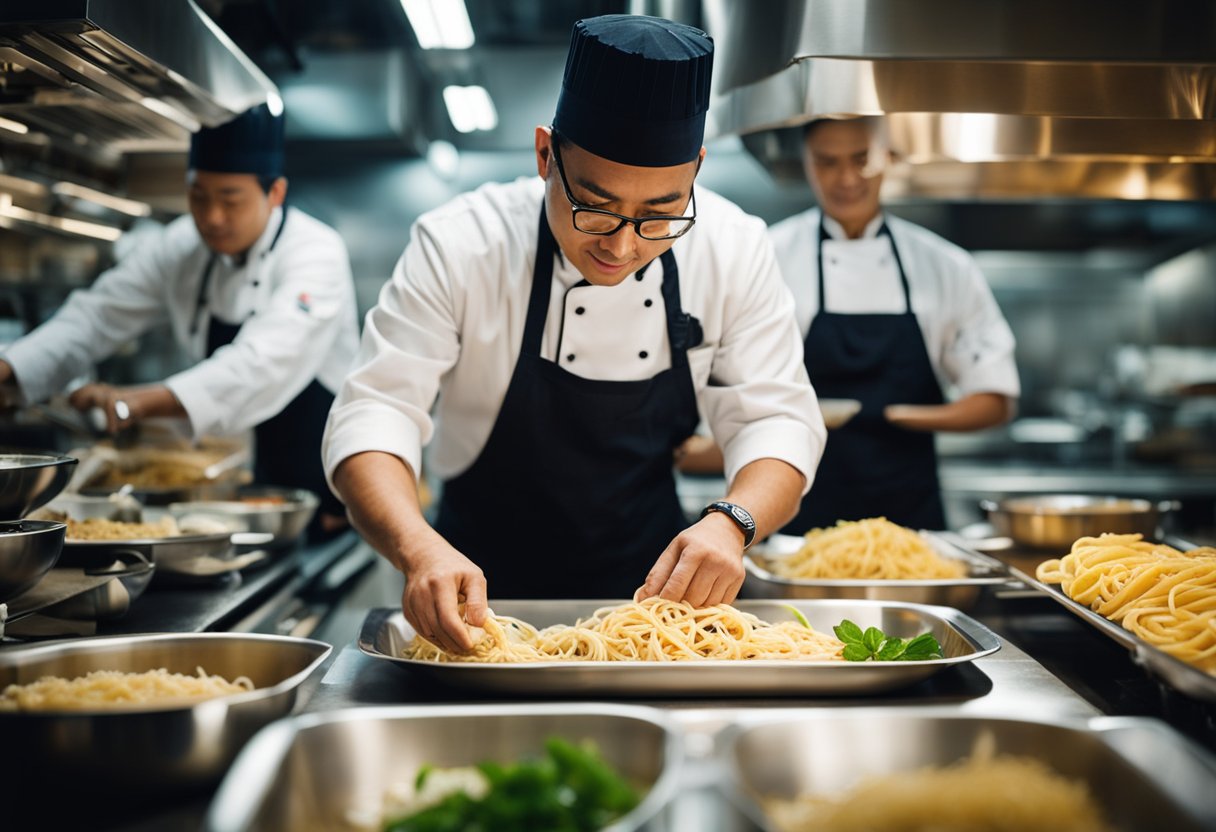 A chef carefully selects fresh seafood and high-quality pasta for a Singaporean seafood pasta recipe