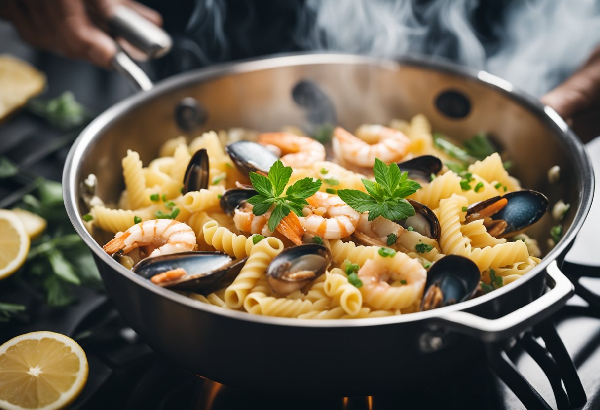 A pot of boiling water with pasta, a variety of fresh seafood, and aromatic herbs and spices being added to a sizzling pan