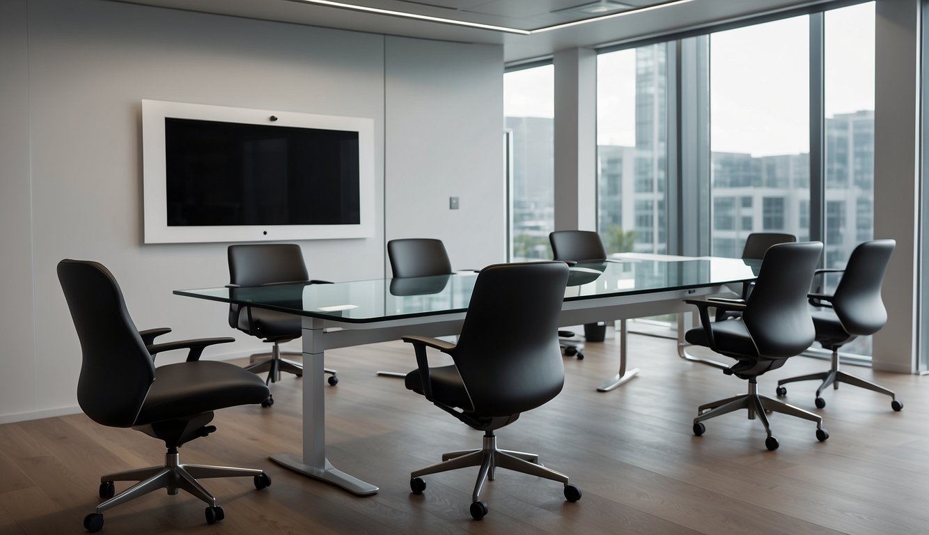 A sleek, minimalist desk with integrated charging ports and adjustable height. Surrounding ergonomic chairs with built-in tablet holders and swivel capabilities. Glass partitioned meeting areas with touch screen displays