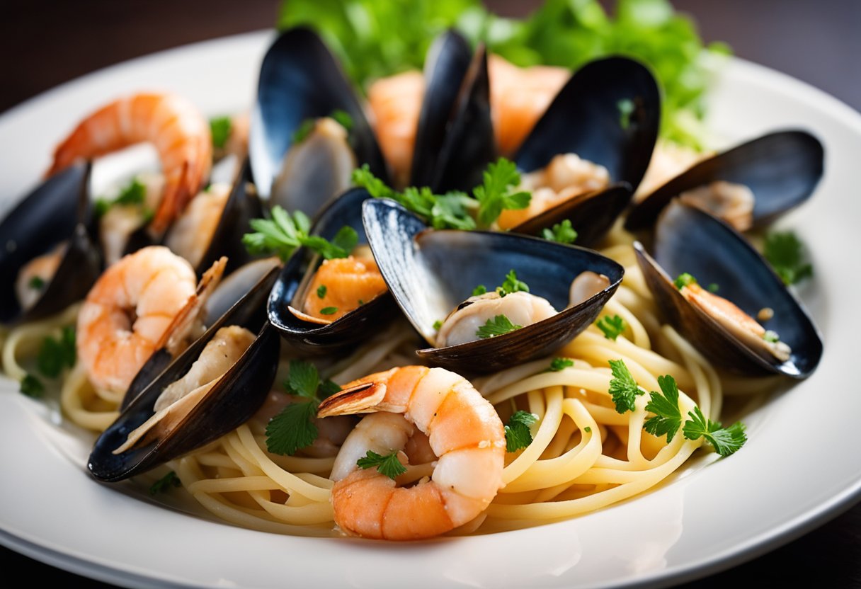 A steaming plate of seafood pasta with fresh clams, prawns, and mussels, garnished with fragrant herbs and served in a vibrant Singaporean restaurant setting