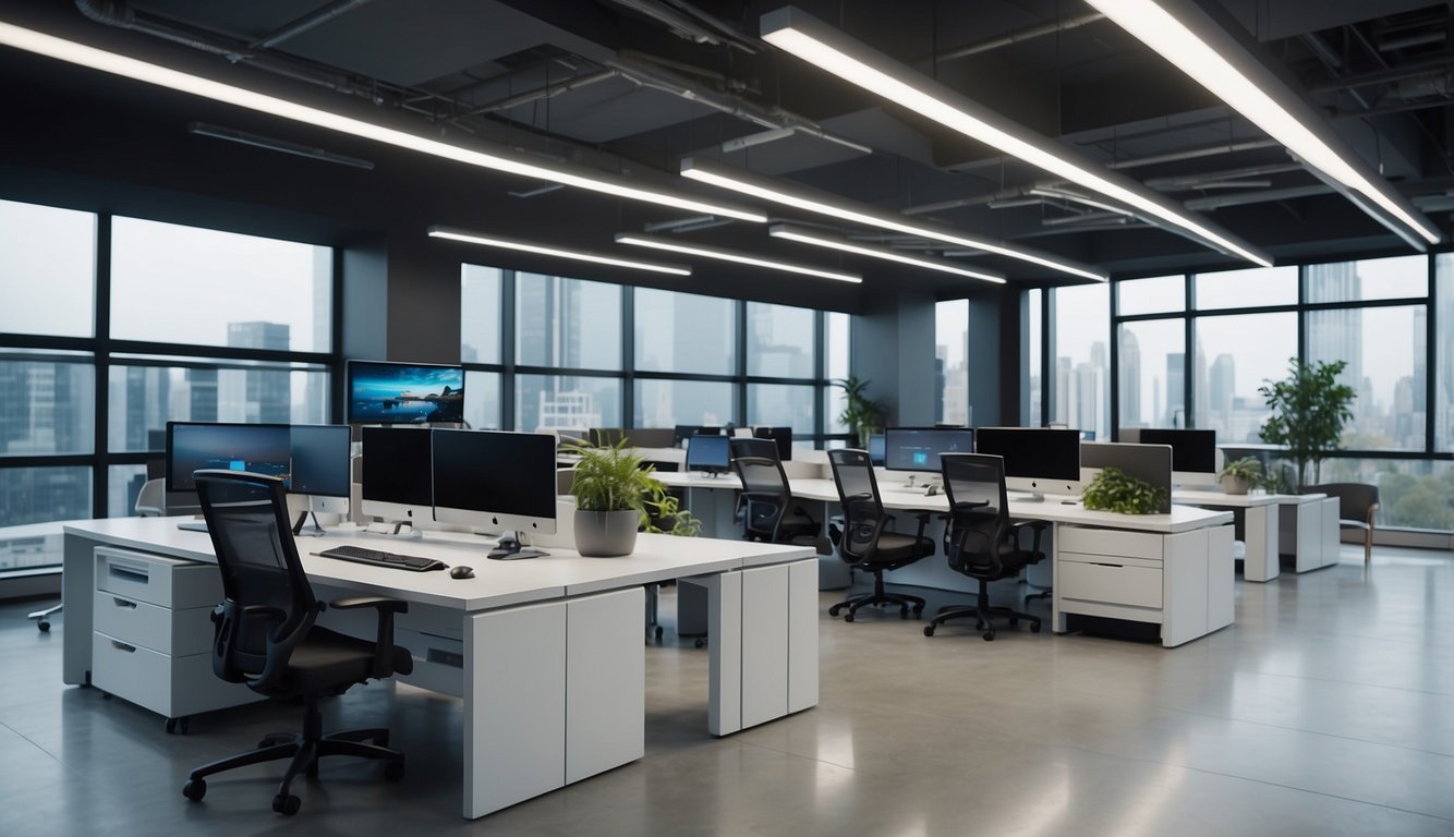 A modern office with sleek, ergonomic furniture and integrated technology. Desks and chairs are adjustable, with built-in charging ports and touch-screen controls. Smart lighting and sound systems enhance the futuristic workspace