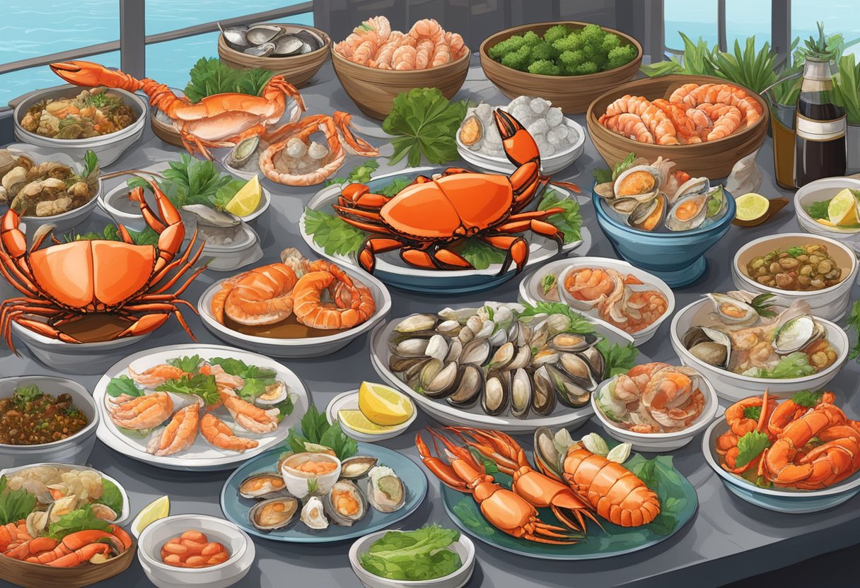 A table set with a variety of fresh seafood dishes, including crab, lobster, shrimp, and oysters, surrounded by bustling seafood markets and bustling restaurants in Singapore