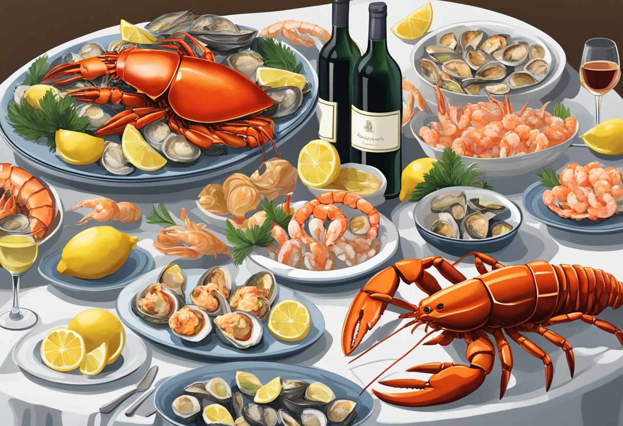 A table set with a variety of fresh seafood platters, including lobster, crab, oysters, and shrimp. A bottle of wine and a lemon wedge accompany the display