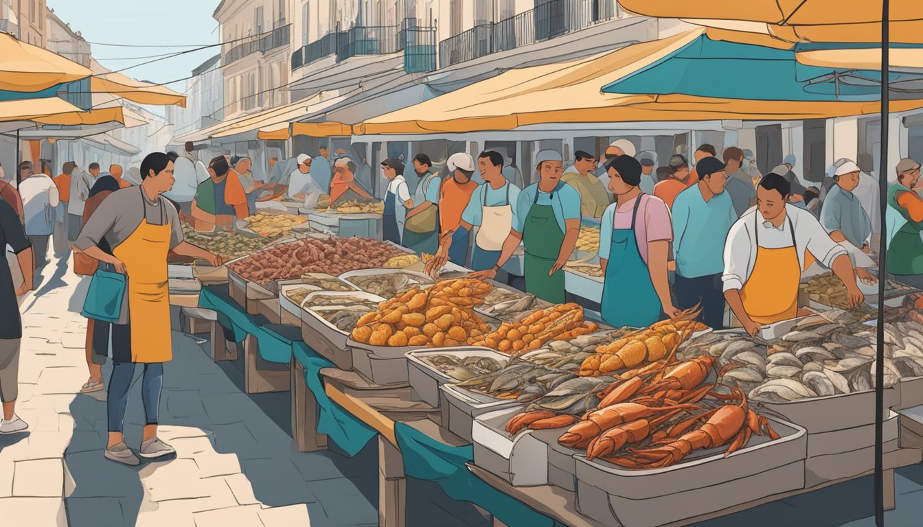 A bustling seafood market in Lisbon, filled with colorful stalls and fresh catches from the sea. Customers eagerly sample oysters, lobster, and grilled fish