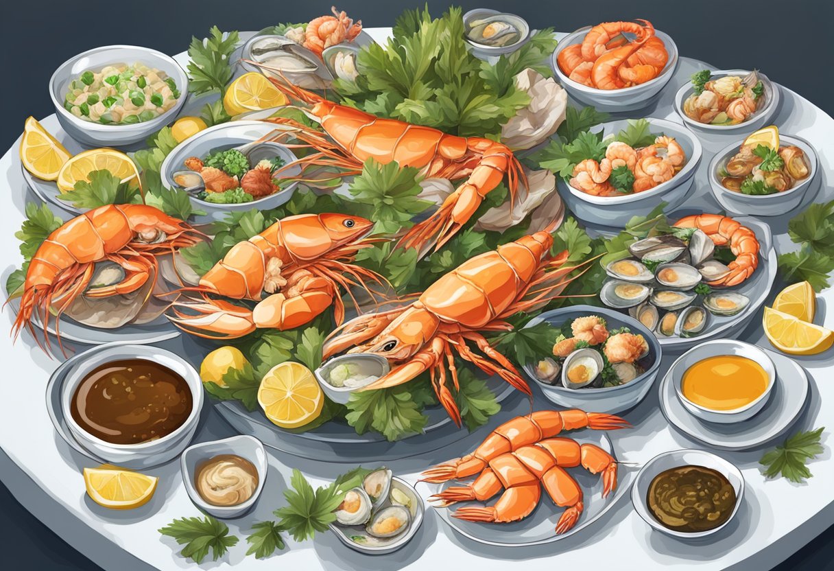 A table adorned with a variety of fresh seafood, including succulent prawns, plump oysters, and flaky fish, accompanied by vibrant garnishes and dipping sauces