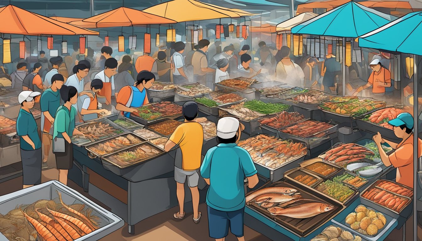 A bustling seafood market in Singapore, with colorful stalls and a variety of fresh fish, crabs, and shellfish on display. The aroma of grilled seafood fills the air as customers browse and sample the local delicacies