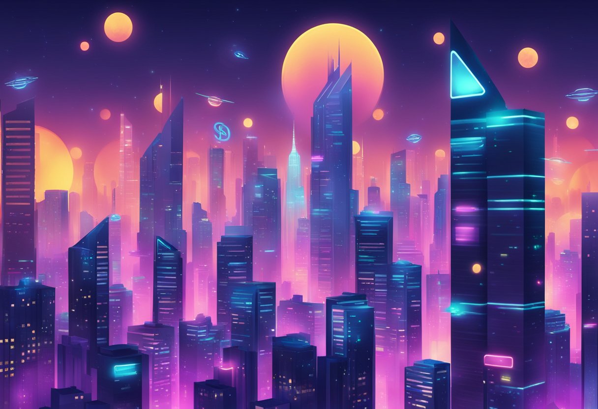 A futuristic cityscape with glowing digital currency symbols hovering above skyscrapers. Cutting-edge technology integrated into everyday life
