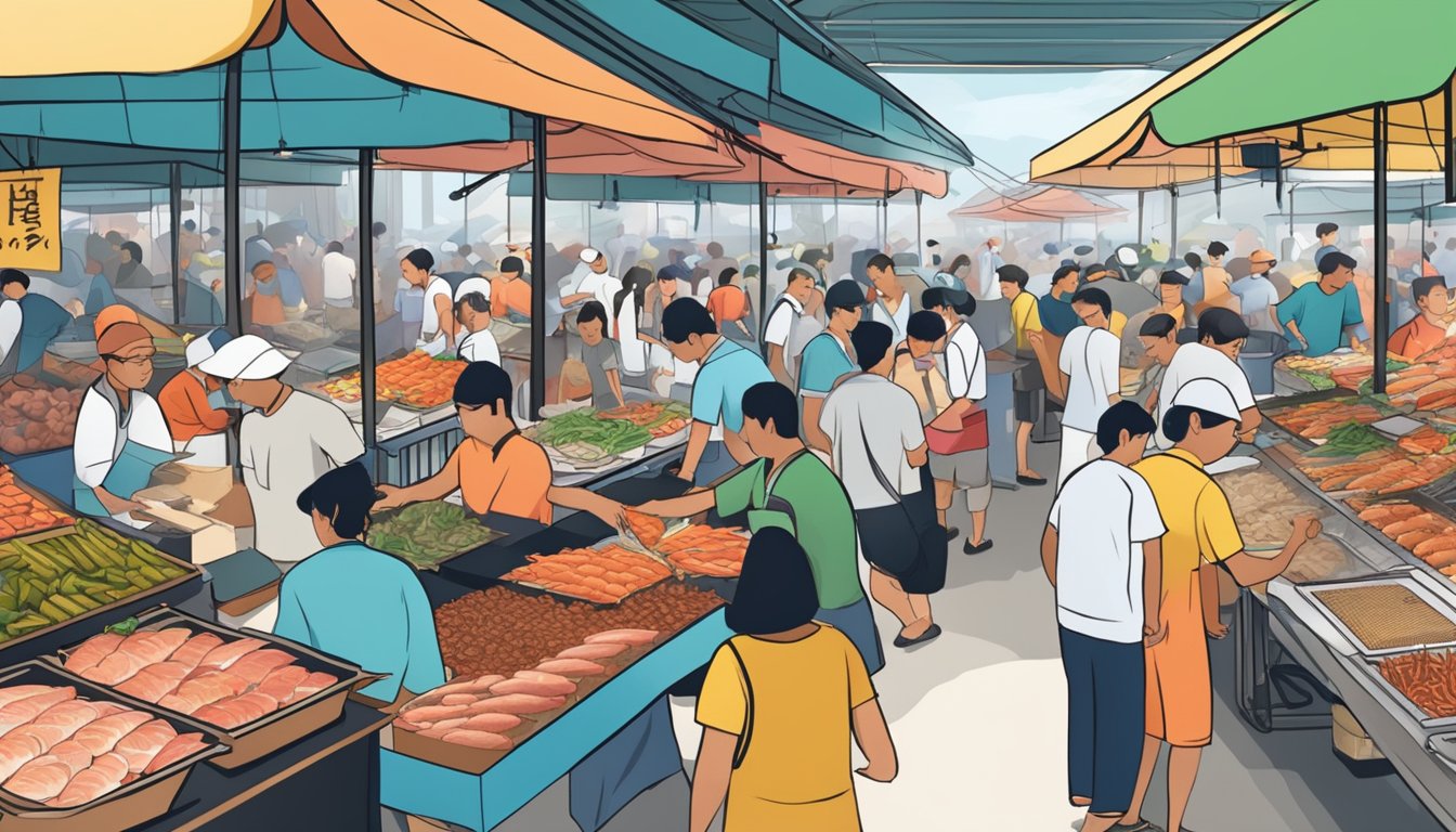 A bustling seafood market on Singapore's east coast, with colorful stalls and fresh catches on display, surrounded by eager customers and the sound of sizzling grills