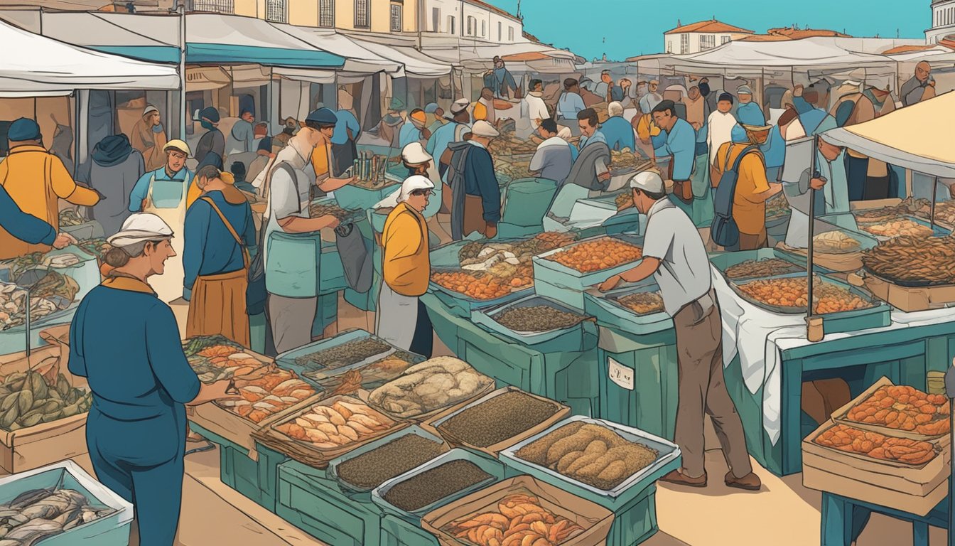 A bustling seafood market in Lisbon, with vendors showcasing a variety of fresh catches from the sea. Customers eagerly ask questions about the different types of seafood available