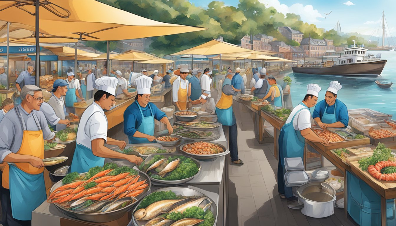 A bustling seafood market with fresh catches on display, chefs expertly preparing dishes, and diners enjoying their meals with waterfront views