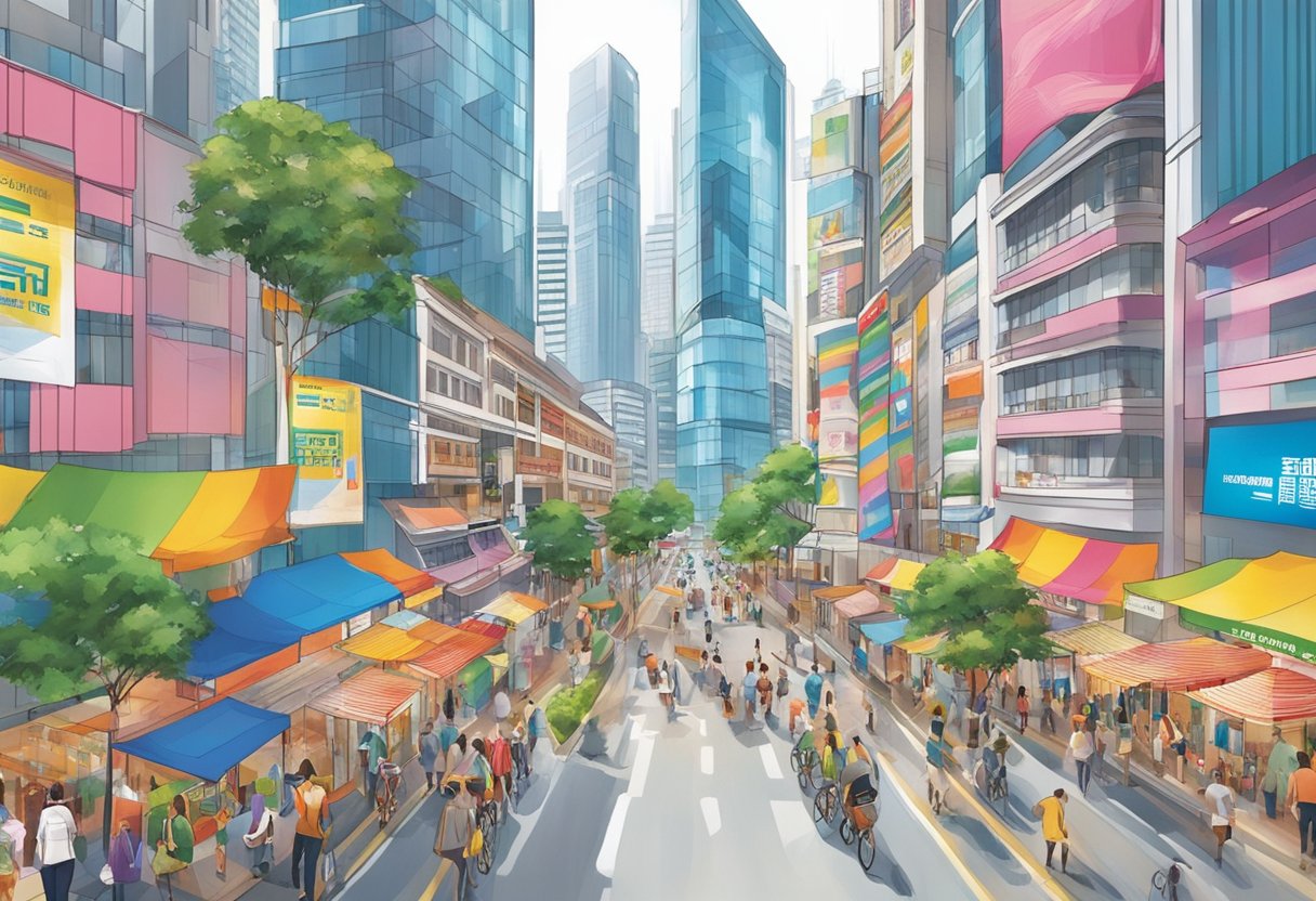A bustling city street with colorful banners and promotional displays for Abbott products in Singapore. Tall buildings and busy pedestrians add to the vibrant atmosphere